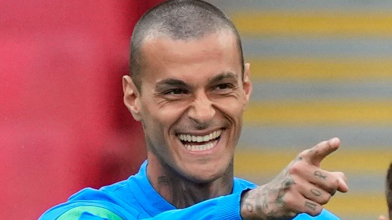 Italy&#39;s Gianluca Scamacca smiles during a training session ahead of Wednesday&#39;s Finalissima soccer match between Italy and Argentina at Wembley Stadium in London , Tuesday, May 31, 2022. (AP photo/Frank Augstein)