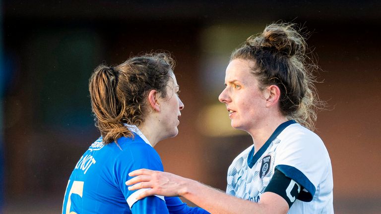 GLASGOW, SCOTLAND - FEBRUARY 06: Rangers Arnot and Glasgow City&#39;s Hayley Lauder shake hands at full-time during a SWPL match between Rangers and Glasgow City at the Rangers Training Centre, on February 06, 2022, in Glasgow, Scotland. (Photo by Ross MacDonald / SNS Group)