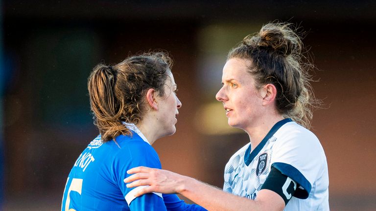 GLASGOW, SCOTLAND - FEBRUARY 06: Rangers Arnot and Glasgow City's Hayley Lauder shake hands at full-time during a SWPL match between Rangers and Glasgow City at the Rangers Training Centre, on February 06, 2022, in Glasgow, Scotland. (Photo by Ross MacDonald / SNS Group)