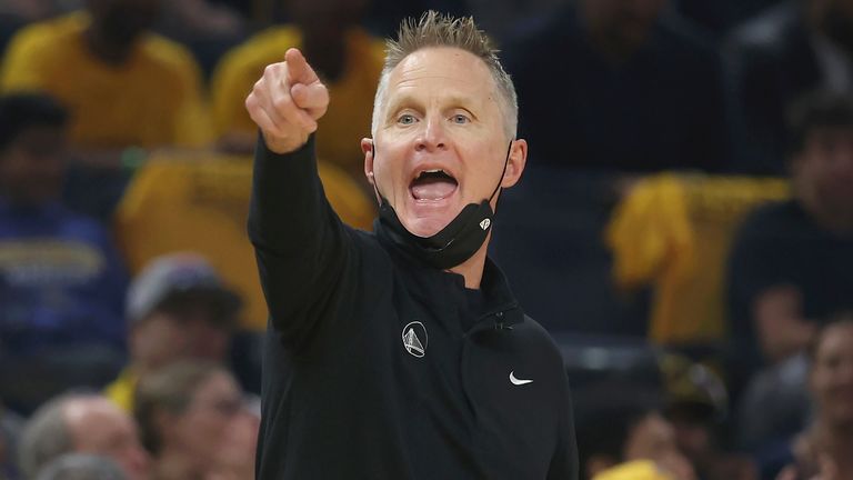 Golden State Warriors head coach Steve Kerr gestures toward players during the first half of Game 1 of the NBA Finals against the Boston Celtics