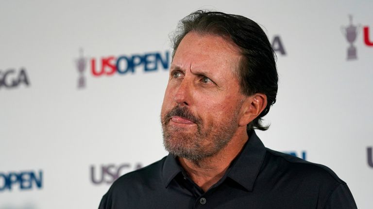 Phil Mickelson ponders a question at a press conference, Monday, June 13, 2022, at The Country Club in Brookline, Mass., ahead of the U.S. Open golf tournament. (AP Photo/Robert F. Bukaty)