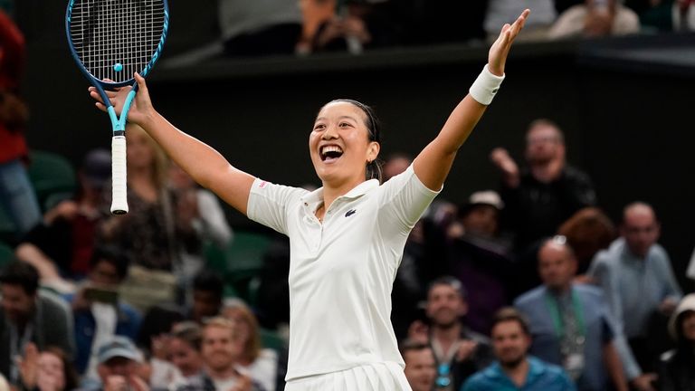 France's Harmony Tan celebrates after beating Serena Williams of the US in a first round women's singles match on day two of the Wimbledon tennis championships in London, Tuesday, June 28, 2022. (AP Photo/Alberto Pezzali)