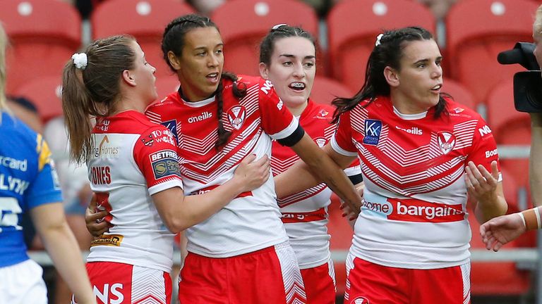 Zoe Harris (second from left) scored a first half try for St Helens, but crucially missed a second half conversion 
