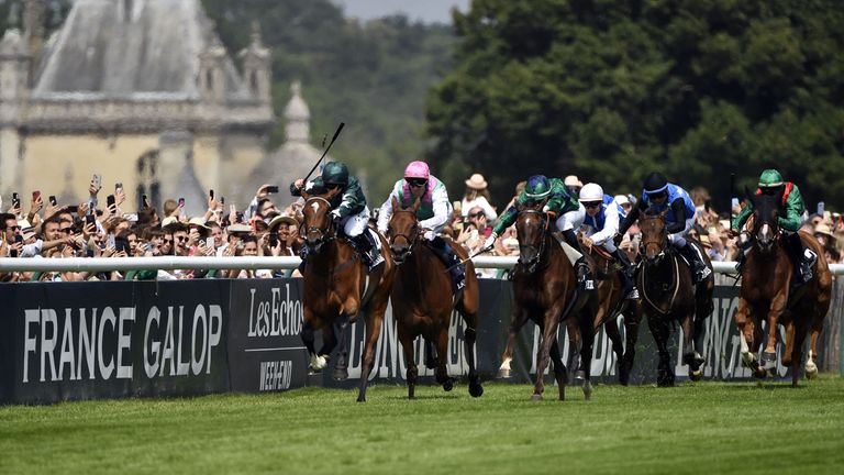 Nashwa (left) holds off the late run of La Parisienne to win the Prix de Diane at Chantilly under Hollie Doyle