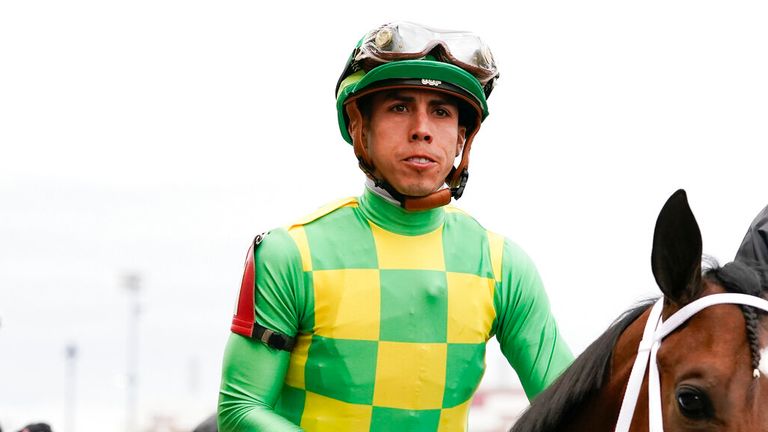 Jockey Irad Ortiz Jr. rides Mo Donegal onto the track at the Kentucky Derby 