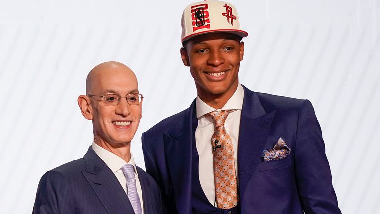 Jabari Smith Jr.  is congratulated by NBA commissioner Adam Silver after being selected third overall by the Houston Rockets