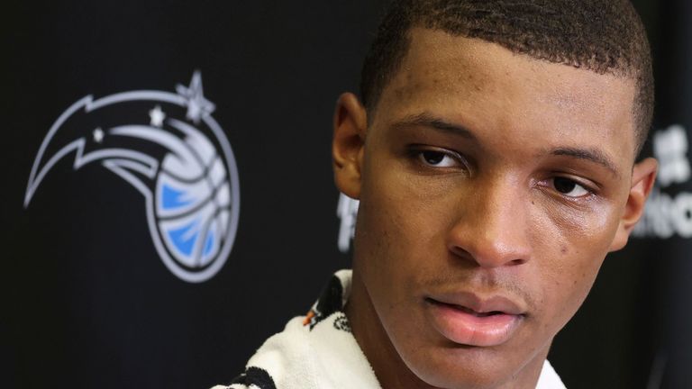 Former Auburn player Jabari Smith talks to the media following a pre-draft workout with the Orlando Magic at Amway Center