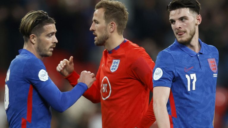 (left to right) England's Jack Grealish, Harry Kane and Declan Rice at the final whistle after the Alzheimer's Society international match at Wembley Stadium, London. Picture date: Saturday March 26, 2022.