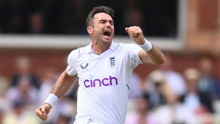 James Anderson celebrates after dismissing Will Young