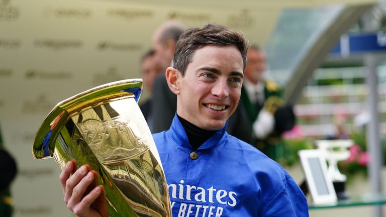James Doyle celebrates victory in the Platinum Jubilee Stakes with Naval Crown