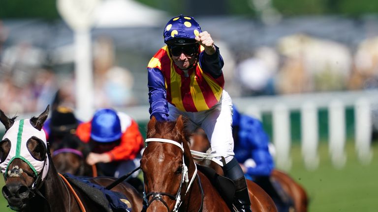 James McDonald punches the air as Nature Strip wins the King's Stand at Royal Ascot