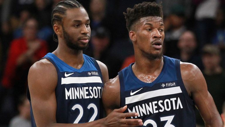 Andrew Wiggins, left, and Jimmy Butler in action for the Minnesota Timberwolves