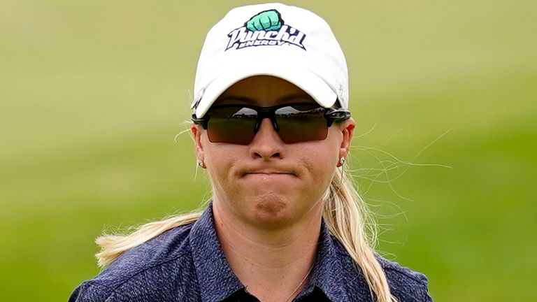 Jodi Ewart Shadoff, of England, reacts after making a putt on the third green during the final round of the ShopRite LPGA Classic golf tournament, Sunday, June 12, 2022, in Galloway, N.J. (AP Photo/Matt Rourke)