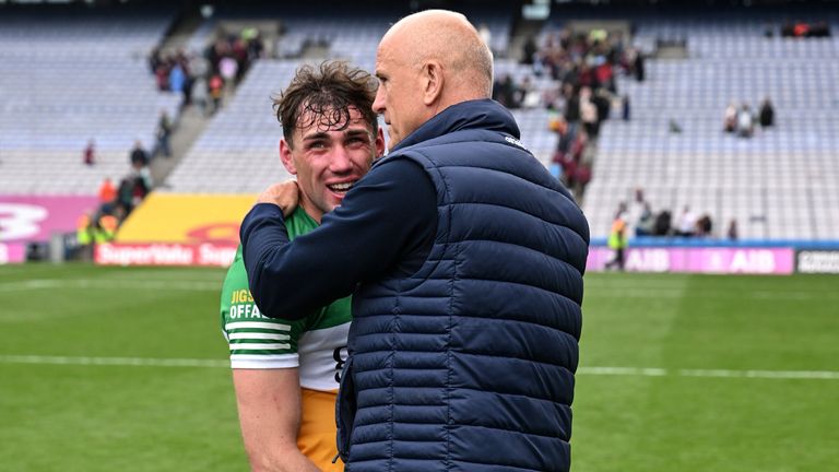 19 June 2022; Offaly manager John Maughan with Jordan Hayes after the Tailteann Cup Semi-Final match between Westmeath and Offaly at Croke Park in Dublin. Photo by Ray McManus/Sportsfile