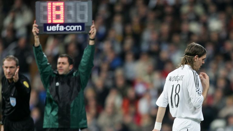 Jonathan Woodgate is substituted for Real Madrid during a Champions League game in 2006