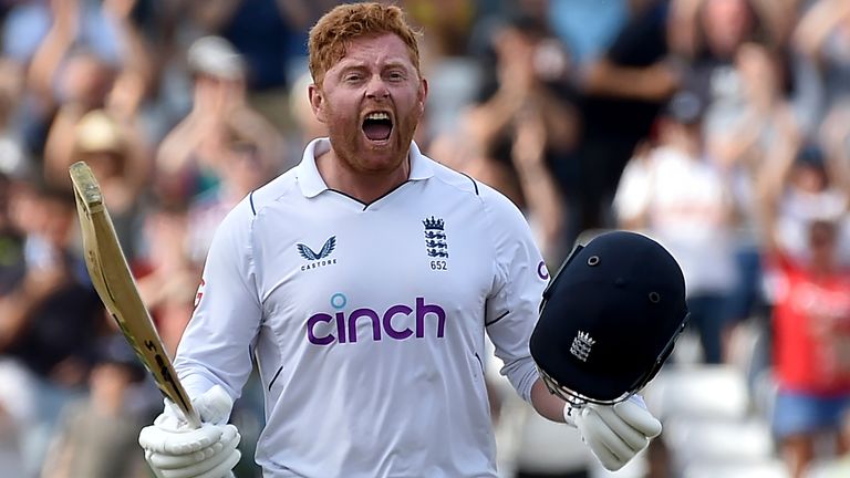 England&#39;s Jonny Bairstow celebrates scoring a century during the fifth day of the second cricket test match between England and New Zealand at Trent Bridge in Nottingham, England, Tuesday, June 14, 2022. (AP Photo/Rui Vieira)