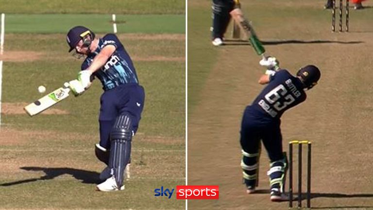 Watch this remarkable six by Jos Buttler off a no-ball after the ball sticks in Paul van Meekeren's hands and bounces twice. Buttler then hits another six off the free hit!