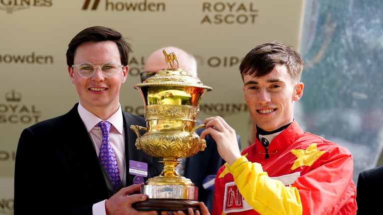 Joseph O'Brien and Shane Crosse lift the Prince of Wales's trophy at Royal Ascot