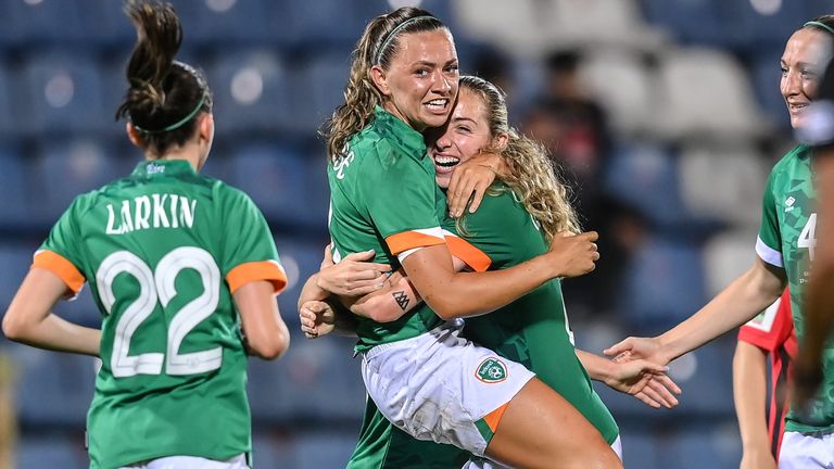 Katie McCabe celebrates one of her three goals with Republic of Ireland team-mate Megan Connolly