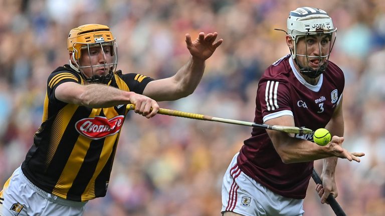 4 June 2022; Daith.. Burke of Galway in action against Billy Ryan of Kilkenny during the Leinster GAA Hurling Senior Championship Final match between Galway and Kilkenny at Croke Park in Dublin. Photo by Ramsey Cardy/Sportsfile