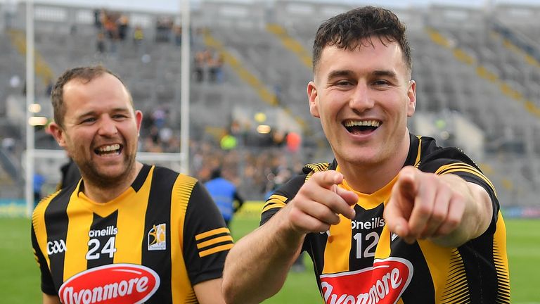 4 June 2022; Richie Leahy, right, and Padraig Walsh of Kilkenny celebrate after the Leinster GAA Hurling Senior Championship Final match between Galway and Kilkenny at Croke Park in Dublin. Photo by Ray McManus/Sportsfile