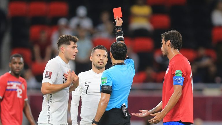 New Zealands's Kosta Barbarouses was sent off as they pressed for an equaliser