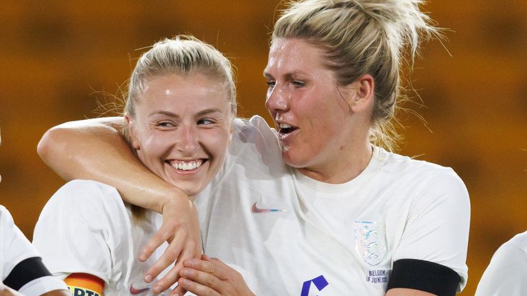 Leah Williamson and Millie Bright celebrate England's third goal in their friendly victory against Belgium at Molineux