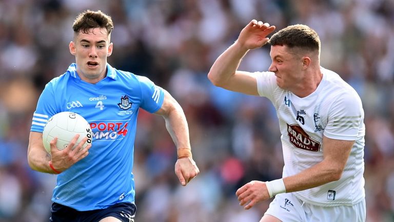 28 May 2022; Lee Gannon of Dublin in action against Alex Beirne of Kildare during the Leinster GAA Football Senior Championship Final match between Dublin and Kildare at Croke Park in Dublin. Photo by Stephen McCarthy/Sportsfile
