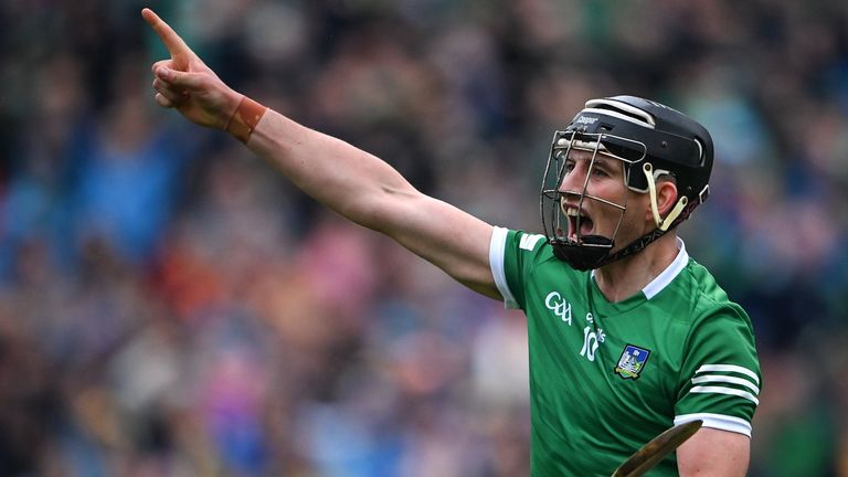 5 June 2022; Gearoid Hegarty of Limerick celebrates after scoring his side's first goal during the Munster GAA Hurling Senior Championship Final match between Limerick and Clare at FBD Semple Stadium in Thurles, Tipperary. Photo by Piaras .. M..dheach/Sportsfile