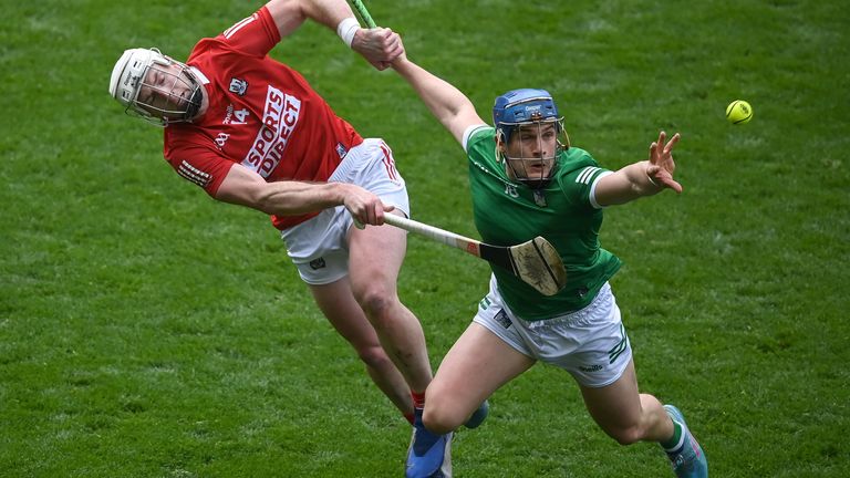 17 April 2022; Mike Casey of Limerick in action against Patrick Horgan of Cork during the Munster GAA Hurling Senior Championship Round 1 match between Cork and Limerick at P..irc U.. Chaoimh in Cork. Photo by Stephen McCarthy/Sportsfile
