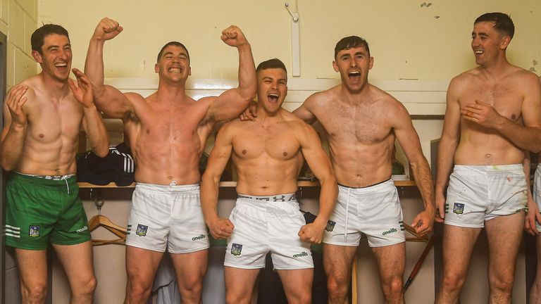 5 June 2022;  Limerick players, from left,  Nickie Quaid, Sean Finn, Mike Casey, Peter Nash and Diarmaid Byrnes after the Munster GAA Hurling Senior Championship Final match between Limerick and Clare at Semple Stadium in Thurles, Tipperary. Photo by Ray McManus/Sportsfile