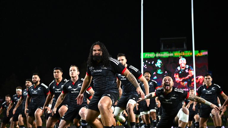  Leni Apisai of the Maori All Blacks leads the haka during the match between the Maori All Blacks and Ireland at FMG Stadium on June 29, 2022 in Hamilton, New Zealand.