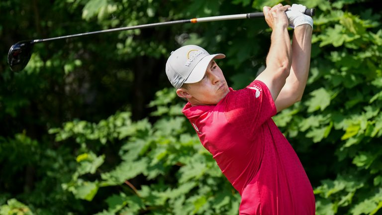 Matt Fitzpatrick hits his tee shot on the 14th hole during round two of the Canadian Open 