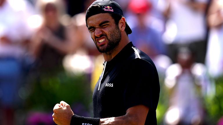 Matteo Berrettini celebrates following his match against Tommy Paul on day five of the cinch Championships at The Queen's Club, London