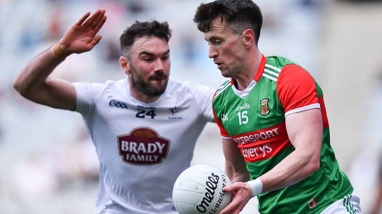 11 June 2022; Cillian O'Connor of Mayo in action against Fergal Conway of Kildare during the GAA Football All-Ireland Senior Championship Round 2 match between Mayo and Kildare at Croke Park in Dublin. Photo by Piaras .. M..dheach/Sportsfile