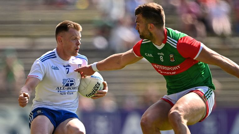 4 June 2022; Ryan McAnespie of Monaghan in action against Aidan O'Shea of Mayo during the GAA Football All-Ireland Senior Championship Round 1 match between Mayo and Monaghan at Hastings Insurance MacHale Park in Castlebar, Mayo. Photo by Piaras .. M..dheach/Sportsfile