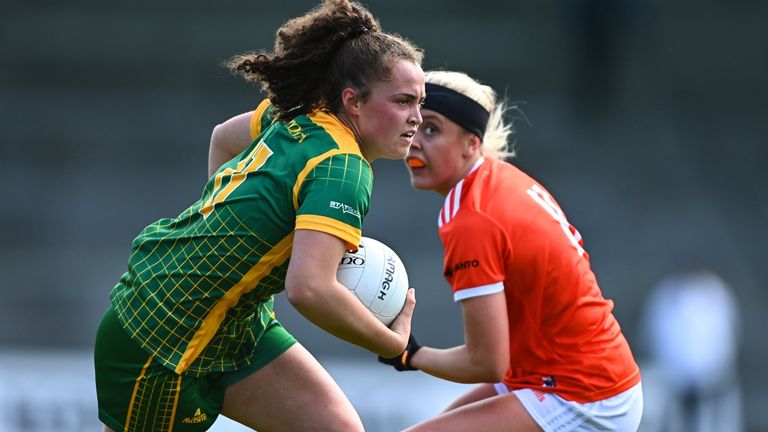 19 June 2022; Emma Duggan of Meath gets past Niamh Colman of Armagh during the TG4 All-Ireland SFC Group B Round 2 match between Armagh and Meath at Glennon Brothers Pearse Park in Longford. Photo by Ben McShane/Sportsfile 