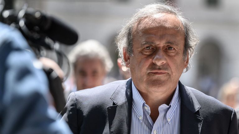 Former UEFA president Michel Platini leaves Switzerland's Federal Criminal Court after the first day of his trial over a suspected fraud