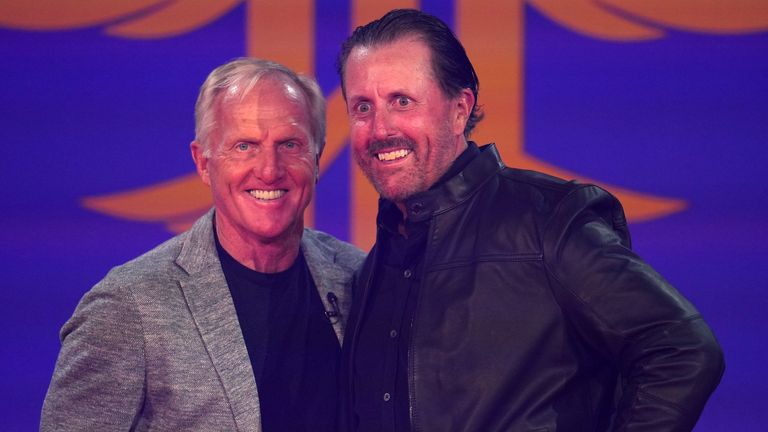 LIV Golf CEO Greg Norman poses with Phil Mickelson ahead of the inaugural event 