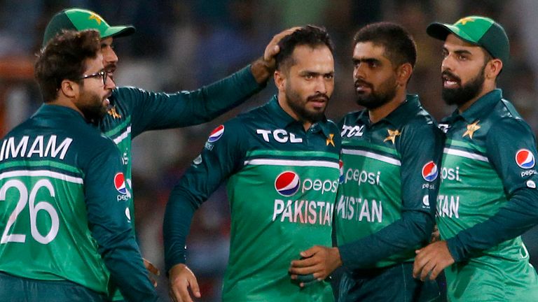Pakistan's Mohammad Nawaz celebrates with team-mates after the dismissal of West Indies' Brandon King during the second one-day international cricket match between Pakistan and West Indies at the Multan Cricket Stadium, in Multan, Pakistan, Friday, June 10, 2022. (AP Photo/Anjum Naveed)