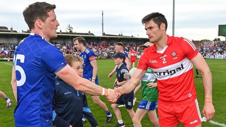 15 May 2022; Christopher McKaigue of Derry and Conor McManus of Monaghan during the Ulster GAA Football Senior Championship Semi-Final match between Derry and Monaghan at Athletic Grounds in Armagh. Photo by Ramsey Cardy/Sportsfile