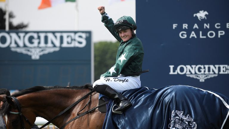 Hollie Doyle celebrates Nashwa's victory in the Group One Prix de Diane at Chantilly