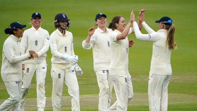 England's Nat Sciver celebrate after taking a wicket from India's Punam Raut during day four of the Women's International Test match at the Bristol County Ground. Picture date: Saturday June 19, 2021.