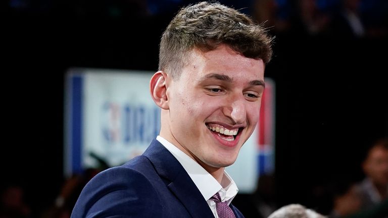 Nikola Jovic reacts after being selected 27th overall by the Miami Heat in the 2022 NBA Draft