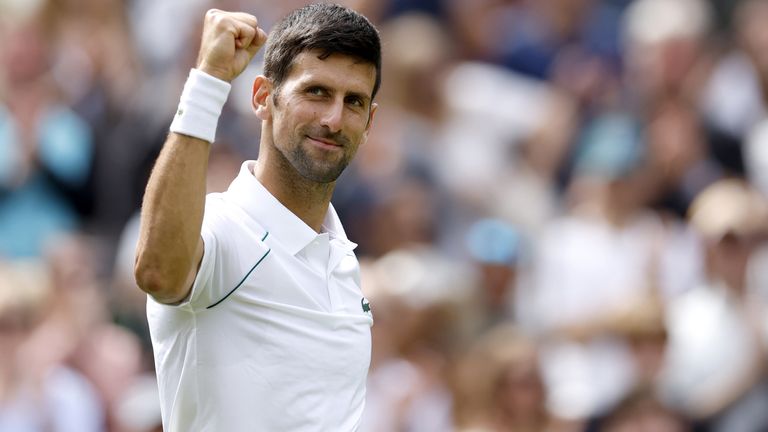 Novak Djokovic celebrates beating Thanasi Kokkinakis during day three of the 2022 Wimbledon Championships at the All England Lawn Tennis and Croquet Club, Wimbledon. Picture date: Wednesday June 29, 2022.