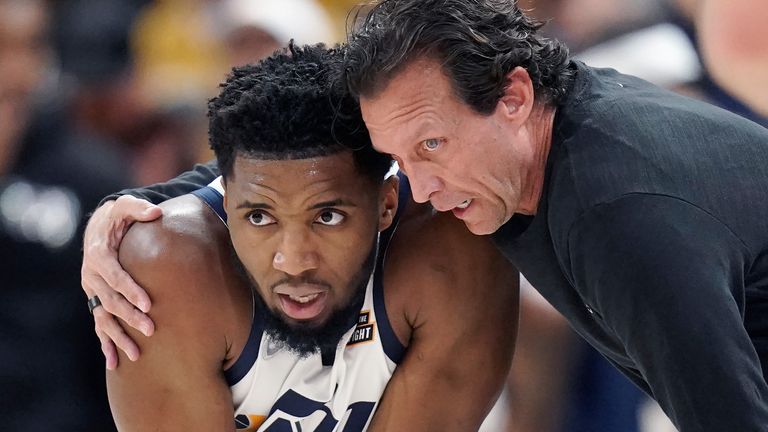 Utah Jazz head coach Quin Snyder and Donovan Mitchell huddle in the second half of Game 4 against the Dallas Mavericks