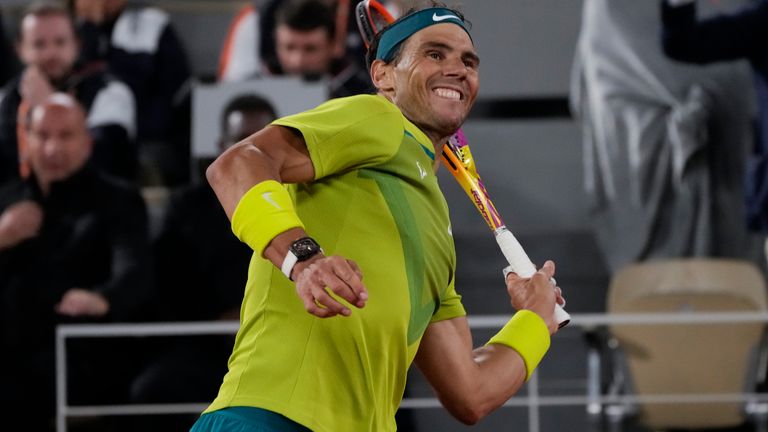 Spain&#39;s Rafael Nadal celebrates winning his quarterfinal match against Serbia&#39;s Novak Djokovic in four sets, 6-2, 4-6, 6-2, 7-6 (7-4), at the French Open tennis tournament in Roland Garros stadium in Paris, France, Wednesday, June 1, 2022. (AP Photo/Christophe Ena)