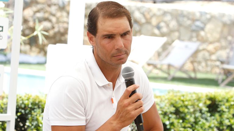 The tennis player Rafael Nadal during a press conference at the Mallorca Country Club, on June 17, 2022, in Santa Pon..a, Mallorca, Balearic Islands (Spain).