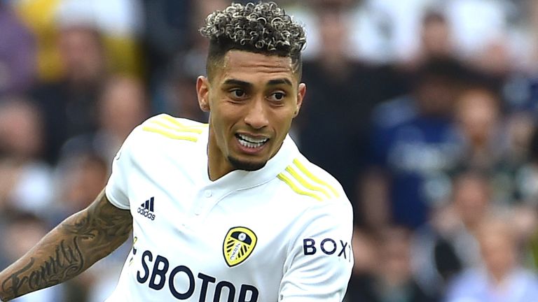 Leeds United's Raphinha during the English Premier League soccer match between Leeds United and Manchester City at Elland Road in Leeds, England, Saturday, April 30, 2022. (AP Photo/Rui Vieira)..