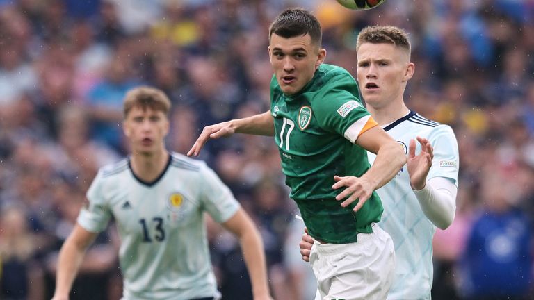 Republic of Ireland's Jason Knight controls the ball while under pressure from Scotland's Scott McTominay